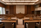 誰もいない議場に整然と並ぶ木製の議席と机、正面に演台がある本会議場の写実的な室内