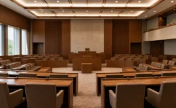 誰もいない議場に整然と並ぶ木製の議席と机、正面に演台がある本会議場の写実的な室内