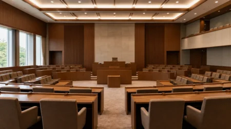 誰もいない議場に整然と並ぶ木製の議席と机、正面に演台がある本会議場の写実的な室内