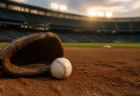 夕方のスタジアムの内野グラウンドに置かれた革製グラブと硬式球