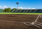 青空の下、内野の黒土と芝が整備された高校野球の球場
