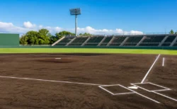 青空の下、内野の黒土と芝が整備された高校野球の球場