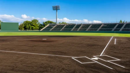 青空の下、内野の黒土と芝が整備された高校野球の球場