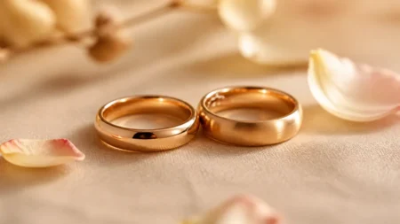 花びらに囲まれて並ぶ2つの結婚指輪