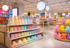 パステルカラーの雑貨やぬいぐるみが並ぶ、明るく楽しいキャラクターグッズ専門店の店内