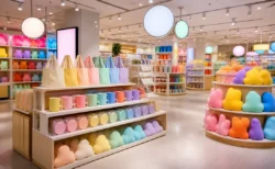 パステルカラーの雑貨やぬいぐるみが並ぶ、明るく楽しいキャラクターグッズ専門店の店内