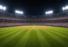 ナイター照明に照らされた満員の野球スタジアムを外野スタンド方向から写した写実的情景