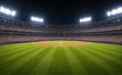 ナイター照明に照らされた満員の野球スタジアムを外野スタンド方向から写した写実的情景