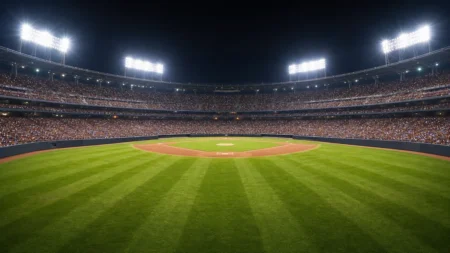 ナイター照明に照らされた満員の野球スタジアムを外野スタンド方向から写した写実的情景