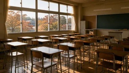 秋の夕方、誰もいない高校の教室に差し込む柔らかな光