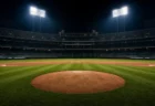 ナイター照明に照らされたメジャーリーグ球場のマウンドとダイヤモンドの写実的な写真