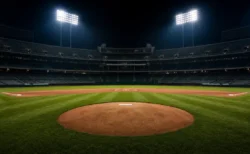 ナイター照明に照らされたメジャーリーグ球場のマウンドとダイヤモンドの写実的な写真