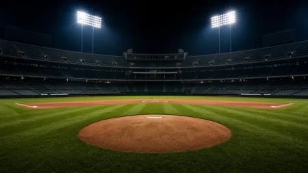 ナイター照明に照らされたメジャーリーグ球場のマウンドとダイヤモンドの写実的な写真