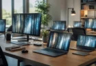明るいオフィスの共有デスクに並ぶ複数のノートPCとモニターが、抽象的なコード風の光の筋を表示している