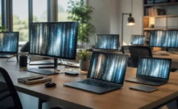 明るいオフィスの共有デスクに並ぶ複数のノートPCとモニターが、抽象的なコード風の光の筋を表示している
