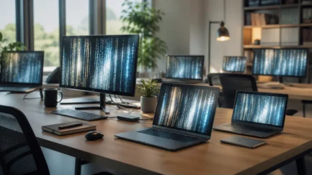 明るいオフィスの共有デスクに並ぶ複数のノートPCとモニターが、抽象的なコード風の光の筋を表示している