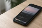机上に置かれたスマートフォンに抽象的な写真加工アプリの画面が映る情景