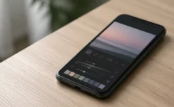 机上に置かれたスマートフォンに抽象的な写真加工アプリの画面が映る情景