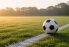 白線が引かれたサッカーピッチとボールを朝の柔らかい光の中でクローズアップした写実的情景