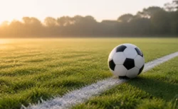 白線が引かれたサッカーピッチとボールを朝の柔らかい光の中でクローズアップした写実的情景