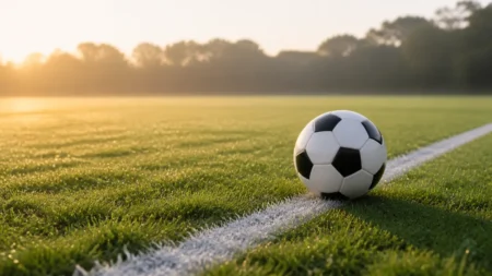 白線が引かれたサッカーピッチとボールを朝の柔らかい光の中でクローズアップした写実的情景