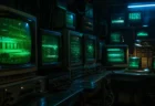 レトロなブラウン管モニターが並ぶ薄暗いSF研究室のようなイメージ