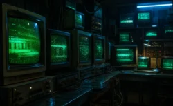 レトロなブラウン管モニターが並ぶ薄暗いSF研究室のようなイメージ