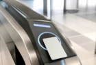 現代的な日本の駅の自動改札機に非接触ICカードをタッチする瞬間のクローズアップ