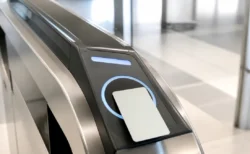 現代的な日本の駅の自動改札機に非接触ICカードをタッチする瞬間のクローズアップ