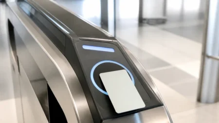 現代的な日本の駅の自動改札機に非接触ICカードをタッチする瞬間のクローズアップ