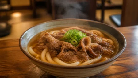 湯気の立つ牛肉うどんが木製テーブルの丼に盛られたうどん専門店店内のイメージ