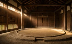 早朝の相撲部屋の稽古場、砂がならされた無人の土俵に朝の光が差し込む写実的情景
