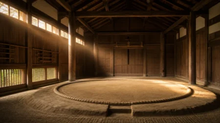 早朝の相撲部屋の稽古場、砂がならされた無人の土俵に朝の光が差し込む写実的情景