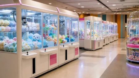 ショッピングセンター内のゲームコーナーに並ぶクレーンゲーム機の写実的な情景