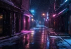 雪が降りしきる夜の繁華街の路地、ネオン看板の光が濡れた路面に反射する写実的情景
