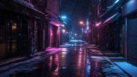雪が降りしきる夜の繁華街の路地、ネオン看板の光が濡れた路面に反射する写実的情景