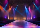 カラフルなスポットライトが交差するファッションイベントのランウェイステージ