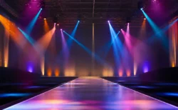 カラフルなスポットライトが交差するファッションイベントのランウェイステージ