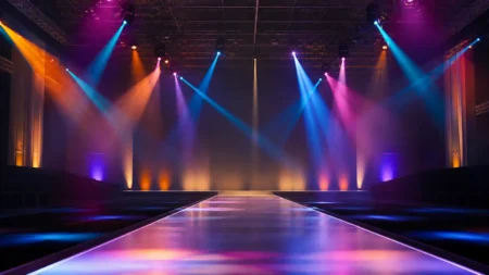 カラフルなスポットライトが交差するファッションイベントのランウェイステージ