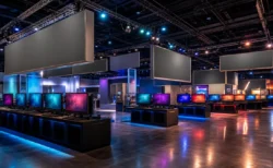 大型展示会場、無人のゲーム試遊ブース風の情景