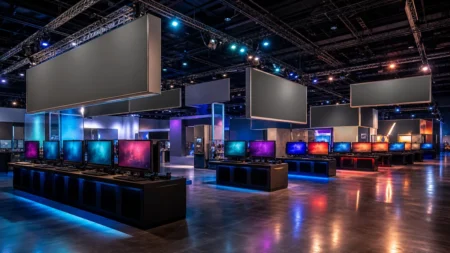 大型展示会場、無人のゲーム試遊ブース風の情景