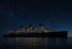 夜の穏やかな海に浮かぶ豪華客船のシルエットと星空