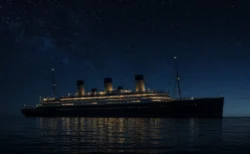 夜の穏やかな海に浮かぶ豪華客船のシルエットと星空