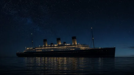夜の穏やかな海に浮かぶ豪華客船のシルエットと星空