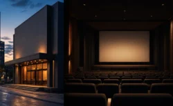 夕方の映画館の外観を写した写真