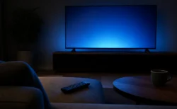 暗い部屋でテレビ画面の光がソファとテーブルを照らしている様子
