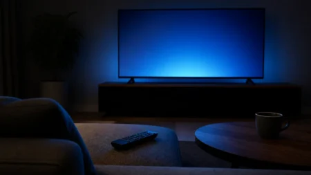 暗い部屋でテレビ画面の光がソファとテーブルを照らしている様子