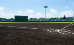 青空の下、内野の黒土と芝が整備された高校野球の球場