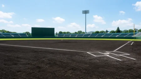 青空の下、内野の黒土と芝が整備された高校野球の球場