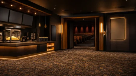 温かい照明に照らされた映画館ロビーの情景